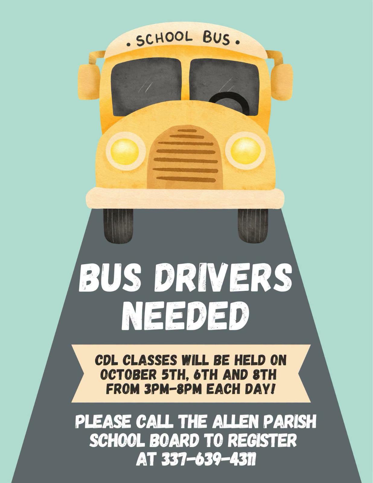 A flyer with a yellow school bus illustration reading 'BUS DRIVERS NEEDED' on a road.